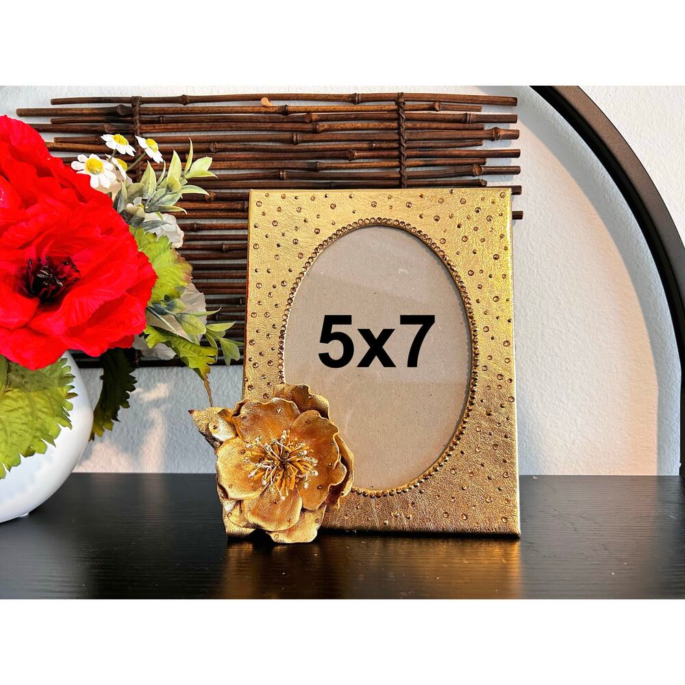 Handmade Gold Leather Picture Frame 5x7 Floral Photo Frame Luxury Home Decor